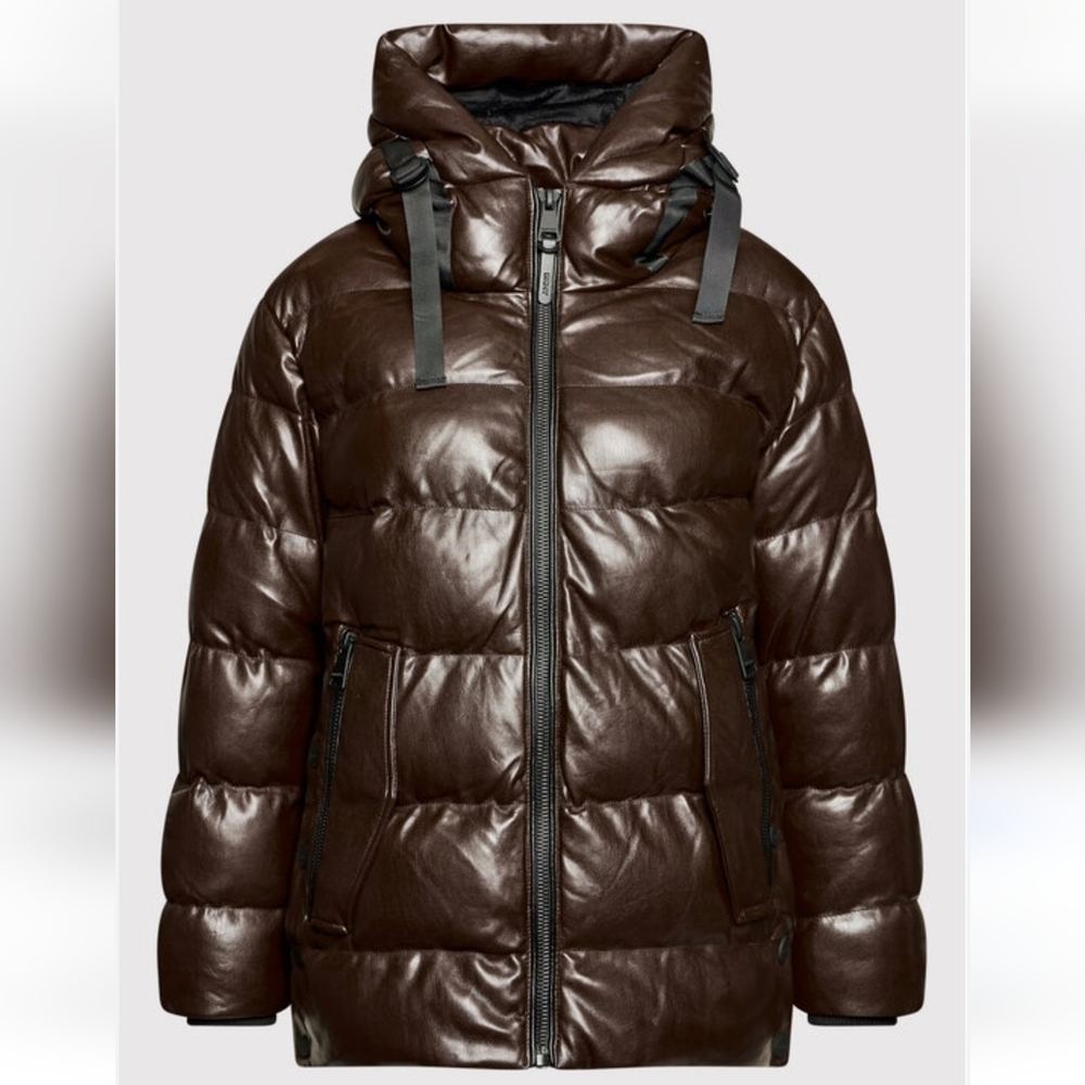 DKNY Faux-Leather Hooded Brown Puffer Coat Jacket